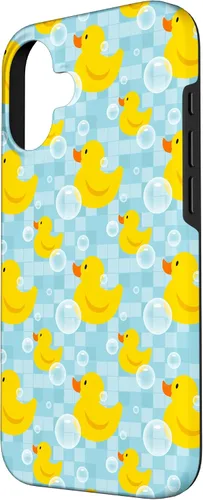 Vista 2 de Funda de goma amarilla para iPhone 16 con patrón de patos y patos