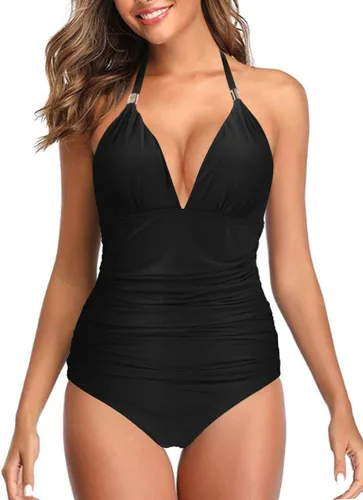 Vista 2 de RXRXCOCO - Traje de baño fruncido de una pieza, con cuello en V, para mujer, con control de abdomen y cuello halter