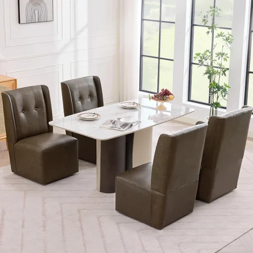 Vista 11 de Silla de comedor con ruedas, moderna silla giratoria tapizada sin brazos con ruedas para cocina, sala de estar (tela beige)