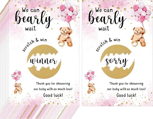 Vista 10 de Affrolling 100 tarjetas para raspar con diseño de oso para baby shower, para invitados, We Can Bearly Wait, agradecimiento, revelación de género