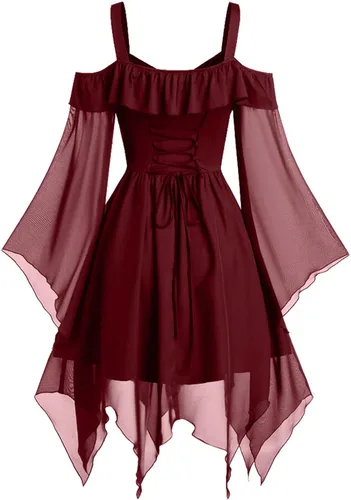 Vista 2 de Vestido renacentista para mujer, talla extragrande, vestido gótico con tirantes delgados, manga mariposa, vestido de gasa vintage