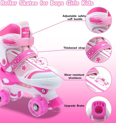 Vista 8 de Patines de ruedas para niños y niñas, 4 tamaños ajustables para niños con ruedas iluminadas, patines para niños y niñas de 5 a 8 a 12 años, verde