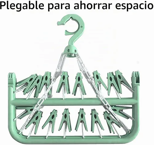 Vista 3 de Percha para secar ropa con 32 pinzas y percha plegable para colgar (Verde Claro)