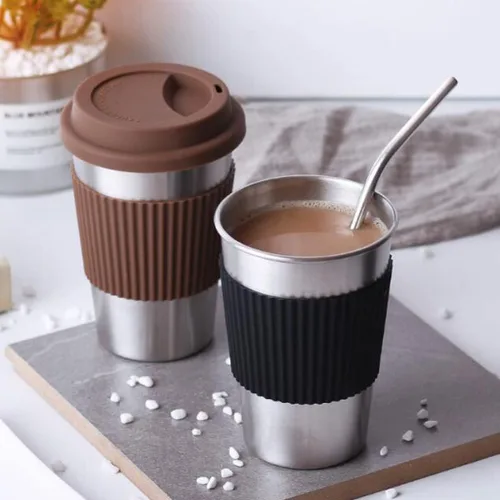 Vista 6 de Hoshen Vaso de 17 onzas (con tapa de silicona), taza de café de acero inoxidable, posavasos antiquemaduras, taza para bebidas, color negro