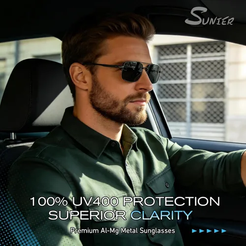 Vista 2 de Lentes de sol polarizados para hombre, ultra ligeros Al-Mg con bisagras de resorte, 100% protección UV400 para hombre Lente gris oscuro del marco