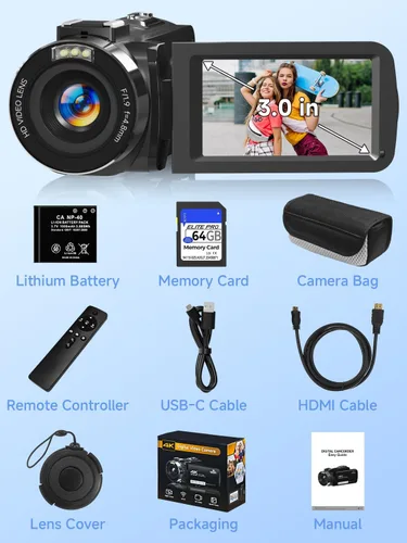Vista 8 de Videocámara de video 4K con tarjeta SD de 64 GB, cámara WiFi de 56 MP para YouTube, visión nocturna IR, pantalla táctil de 3.0 pulgadas, zoom