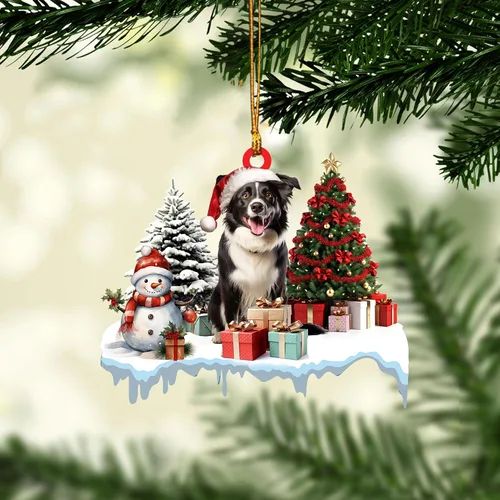 Vista 8 de Talataca Border Collie - Corona de sombrero de Navidad, para amantes de los perros, árbol de Navidad plano 2D, adorno de madera, decoración colgante