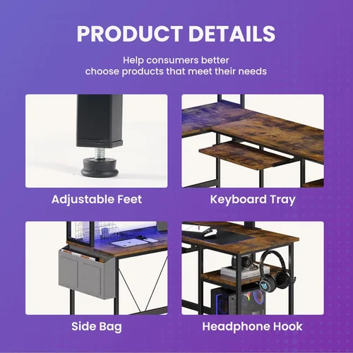 Vista 4 de DUMOS Escritorio para juegos en forma de L de 67 pulgadas, escritorio reversible para computadora con luces LED, mesa esquinera con bandeja