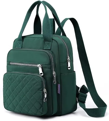 Vista 14 de Mochila pequeña para mujer, casual, acolchada, cuadrada, impermeable, con múltiples bolsillos, ligera, asa superior, Negro, Pequeño, Mochilas