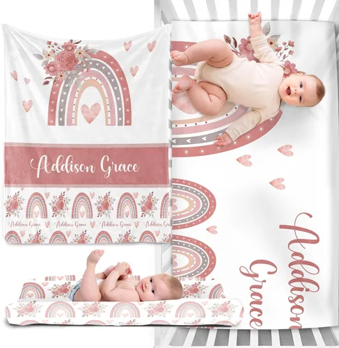Vista 19 de Juego de ropa de cama personalizado para cuna de bebé, juego de 3 piezas para cuna de bebé, diseño de bolas y arco iris, cómoda manta de bebé