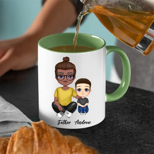 Vista 5 de Taza de café para el día del padre para papá de parte de hija e hijo. Taza del mundo con el mejor papá del mundo. Taza divertida con nombre