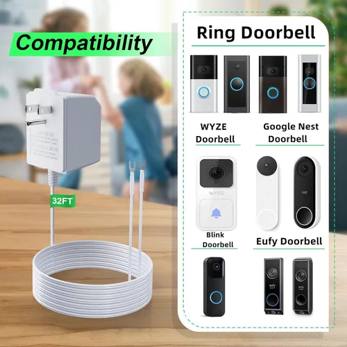 Vista 2 de Fuente de alimentación transformadora de timbre de 18 voltios para timbre de video en anillo, compatible con anillo, Google Nest, WYZE, Eufy, Blink