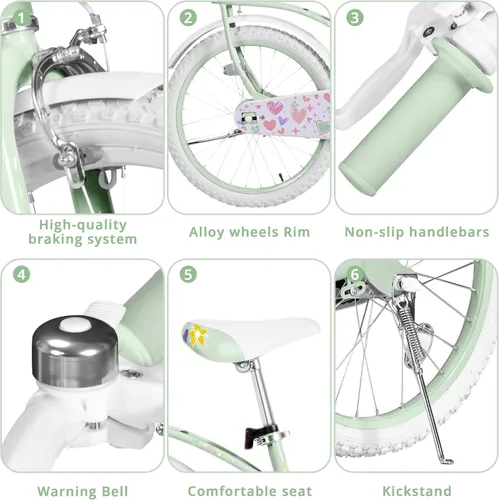 Vista 5 de Bicicleta de 20 pulgadas para niñas con canasta, bicicleta para niños de 7 a 12 años, bicicleta de crucero de playa verde y rosa para niñas, frenos