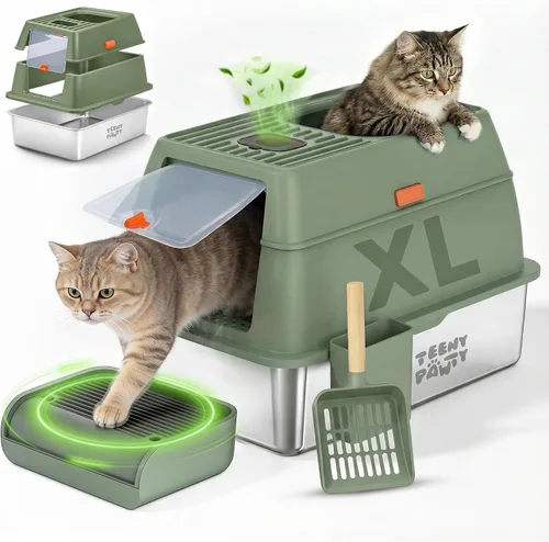 Vista 11 de Caja de arena XL de acero inoxidable para gatos con recinto y rastrillo - Caja de arena negra duradera de metal para gatos grandes, lados altos