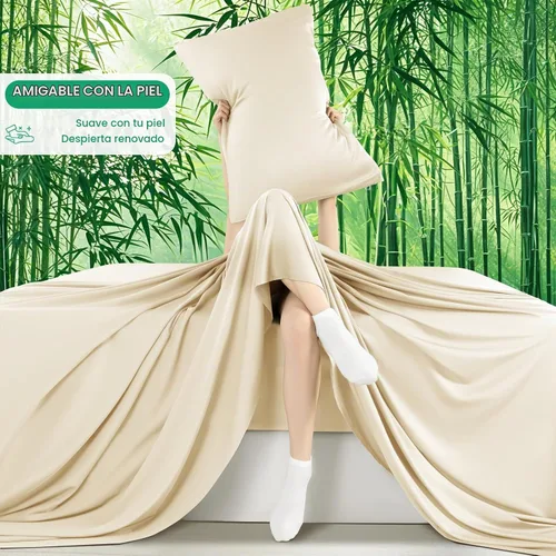Vista 8 de SONORO KATE Sábanas 100% viscosa derivada de bambú tamaño matrimonial, sábanas ultra transpirables y refrescantes para personas que duermen con Beige