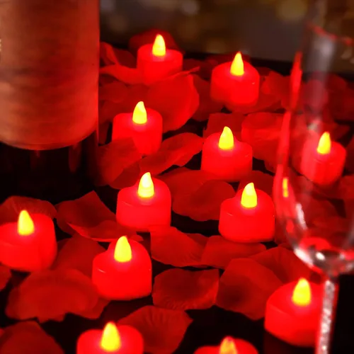 Vista 3 de Mudder 12 velas LED en forma de corazón, velas LED con 200 pétalos de rosa de seda dispersos, pétalos artificiales para el día de San Valentín, Luz