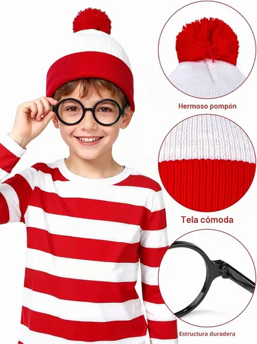 Vista 3 de URATOT Conjunto de disfraz de Halloween para niños, camiseta a rayas rojas y blancas, gorro, gafas de nerd