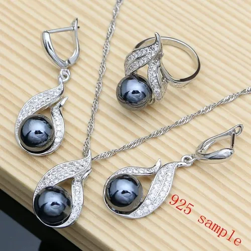 Vista 6 de Black Pearls - Juego de joyas de plata 925 para mujer, cuentas de perlas de lujo, pulsera, diseño de línea, aretes, collar de anillo para regalo