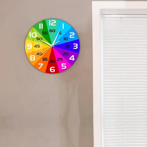 Vista 5 de Reloj de pared educativo con ruedas de color arcoíris de 15 pulgadas, para enseñar la hora y aprender a decir la hora, silencioso, sin tictac