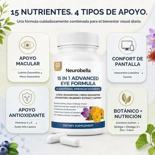 Vista 4 de Fórmula avanzada 15 en 1 para los ojos, vitaminas oculares con luteína, zeaxantina y meso-zeaxantina, arándano, azafrán y astaxantina, apoyo