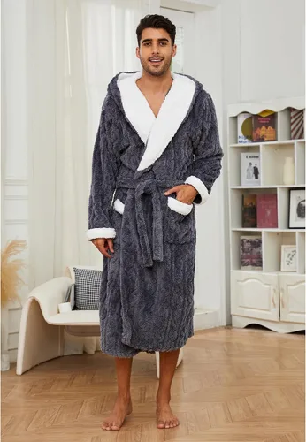 Vista 2 de Vulcanodon Bata para hombre con capucha, bata de felpa de longitud completa para hombre, bata de baño de forro polar grueso