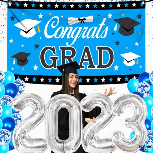 Vista 2 de KatchOn, Globos azules 2023 y pancartas de graduación – Grandes, paquete de 30 Cartel de felicitación de graduación Decoraciones de graduación