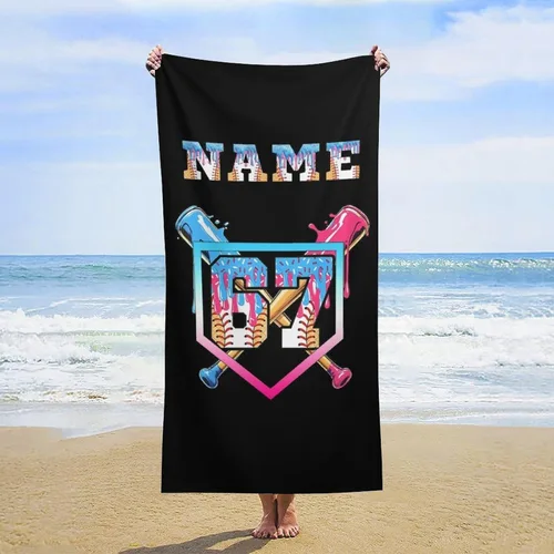 Vista 17 de Toalla de playa de béisbol personalizada con nombre, divertidas toallas de playa personalizadas de 67 memes para niños, toallas número seis siete
