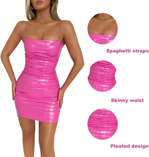 Vista 2 de Gogobear Minivestido sexy de piel sintética para mujer, con tirantes delgados, fruncido, ajustado, con cremallera (S-XL)