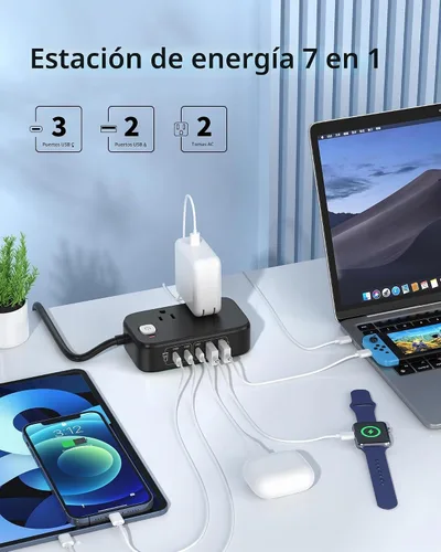 Vista 3 de Regleta de alimentación de viaje, estación de carga USB rápida de 65 W, cargador USB 7 en 1 máximo con 2 tomas, 3 USB C y 2 USB A, cable