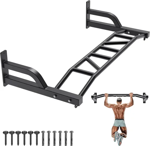 Vista 10 de SELEWARE Barra de dominadas de alta resistencia de 48 pulgadas, soporte de pared, barra multifunción con sistema de polea de cable de gimnasio