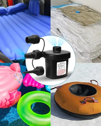 Vista 4 de Bomba de aire eléctrica inflable, bomba de inflado rápida portátil de 110 V AC/12 V CC con 3 boquillas, utilizada para barcos inflables, etc