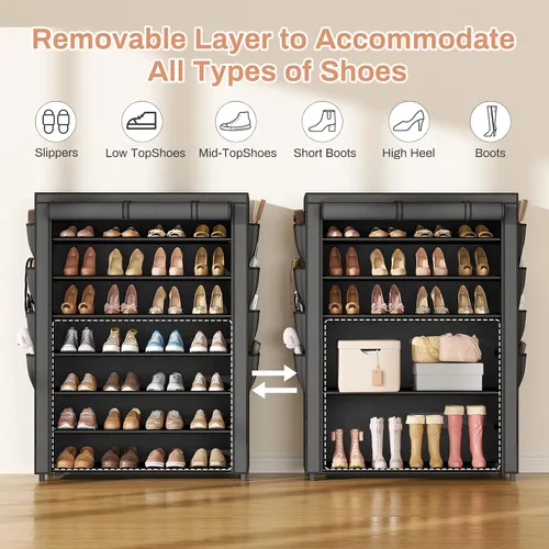 Vista 6 de VTRIN Zapatero con tapa, organizador de zapatos de 7 niveles para 35-40 pares de zapatos y botas, estante alto de gran capacidad con 8 bolsillos