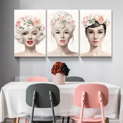 Vista 4 de Denozer Arte de pared en lienzo de 3 paneles con retrato de belleza de Marilyn Monroe, Audrey Hepburn y Brigitte Bardot, impresiones de cuadros