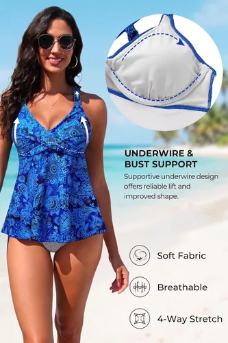 Vista 5 de Traje de baño con aros en la parte superior del tankini con efecto de Azul (Paisley)