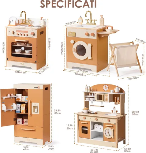 Vista 8 de ROBOTIME Juego de cocina de madera caramelo para niños, juego de rol 4 en 1 con nevera, lavadora y plancha, lavavajillas, juego de cocina para niños