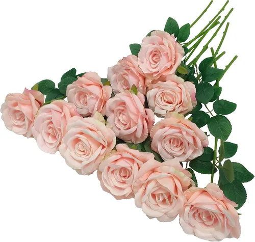 Vista 13 de ATFL Rosas Rubor, 12 Piezas de Rosas Rosa Pálido, Rosas Artificiales de Color Rosa Claro, Diámetro de la Flor 10 cm, Rosas Artificiales con Tallos