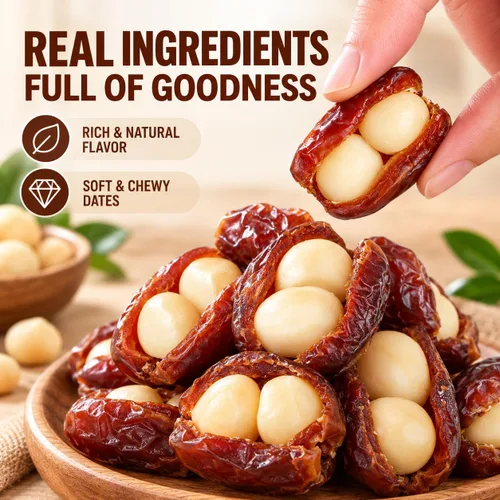 Vista 3 de Dátiles premium rellenos de nueces de macadamia, dátiles masticables suaves en caja con nueces de macadamia crujientes, sin azúcar añadido