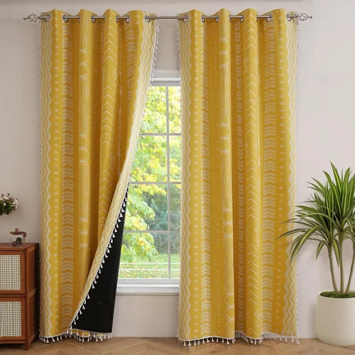 Vista 9 de Cortinas Boho ColorBird Beige Crema opacas, 2 paneles de 63 pulgadas de largo, tratamiento para ventanas con aislamiento térmico, estampado