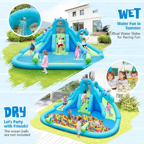 Vista 2 de BOUNTECH Parque inflable de tobogán acuático con dinosaurio, parque acuático de toboganes dobles con pared de escalada, castillo animoso