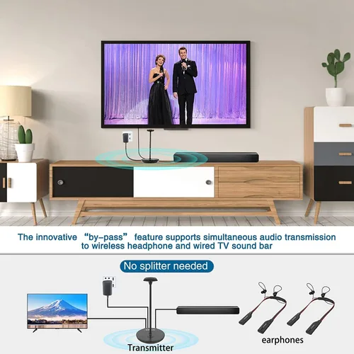 Vista 6 de SIMOLIO Auriculares inalámbricos duales para ver televisión con transmisor/soporte de carga 2 en 1, batería de repuesto y modo de diálogo y control