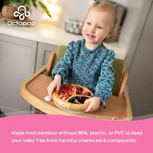 Vista 4 de Abiie Octopod Bamboo Dish & Spoon - Plato de succión para bebé - 4 meses y más - Azul 3-Compartment Round Kids Plate, High Chair Accessories
