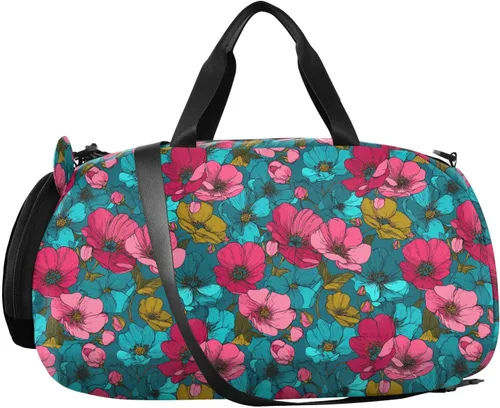 Vista 2 de Buttercup Turquoise Fuschia Line Drawing Gym Duffel Bag with Shoes Compartment Large Capacity Travel Duffel Bag for Beach Swim Bags Pool Sports
