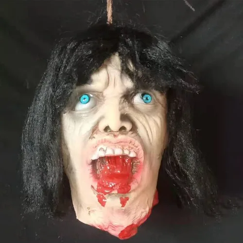 Vista 14 de RiceelSor Decoración colgante de cabeza dividida para Halloween, diseño de cadáver sangriento, de terror, de tamaño real, con peluca, disfraz