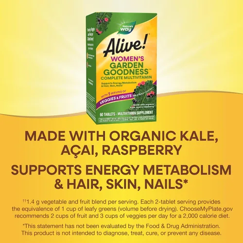 Vista 4 de Nature's Way Alive! Women's Garden Goodness Multivitamínico completo, 1 porción de verduras y frutas por porción de 2 tabletas, con col rizada