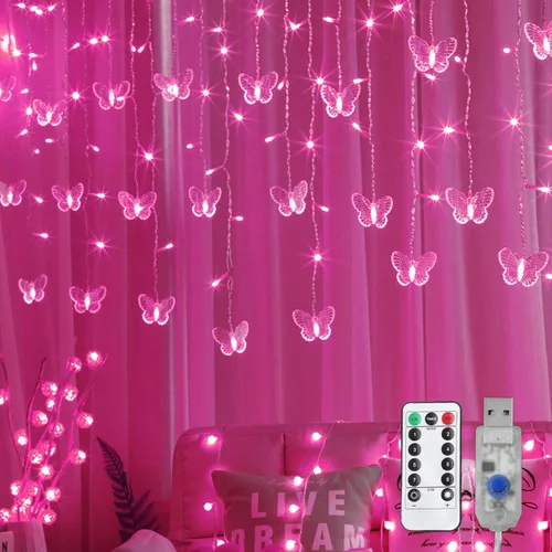 Vista 10 de Luces de Cortina de Mariposas, 4.9 pies, 48 Luces de Hadas LED USB para Ventana, 10 Mariposas, 8 Modos, Luces de Cadena con Parpadeo de Luciérnaga