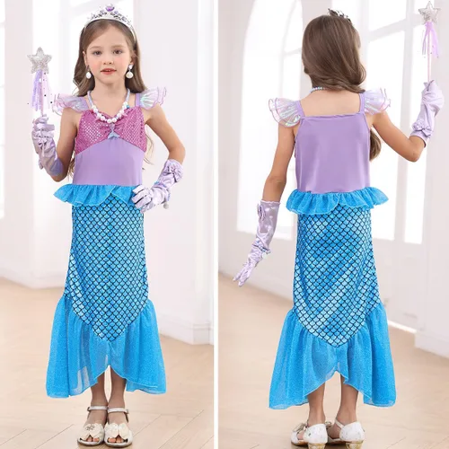 Vista 3 de Disfraz de sirena para niñas pequeñas, disfraz de princesa Ariel con accesorios, peluca para fiesta de cumpleaños, Halloween, cosplay