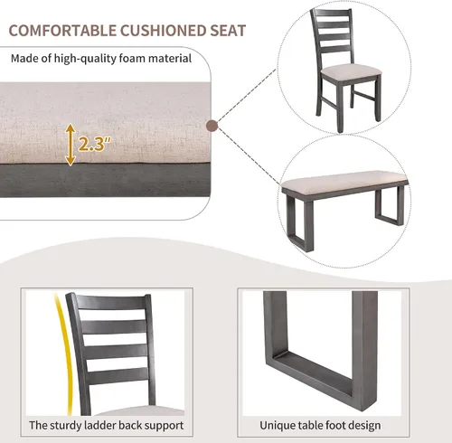 Vista 6 de Quarte Juego de mesa de comedor de 6 piezas, juego de mesa rectangular de madera rústica con 4 sillas y banco, perfecto para cocina y familia