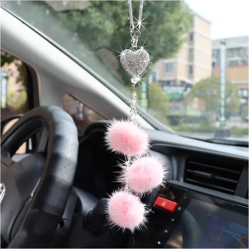 Vista 11 de Ziciner Accesorios de Interior de Coche con Diamantes Brillantes en Forma de Corazón - Adorno Colgante de Corazón y Bola de Felpa Rosa, Encanto