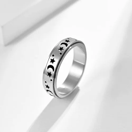Vista 4 de DRUTORE Anillos de acero inoxidable para mujeres y hombres, anillos de ansiedad con flores de luna, estrellas y flores, antiestrés, anillos