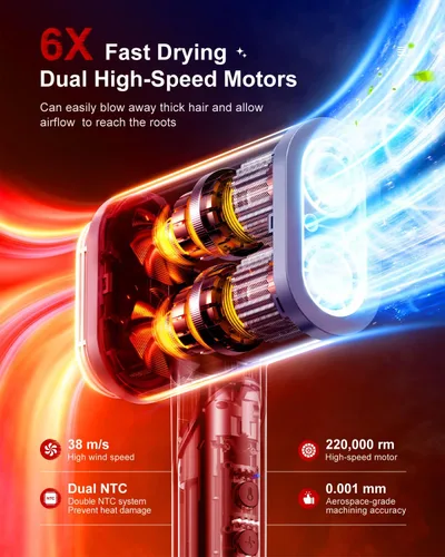 Vista 2 de Tqcir Secador de pelo, 220,000 rpm, motor sin escobillas, doble velocidad sin escobillas, secado rápido 6X, 500 millones de secadores de pelo